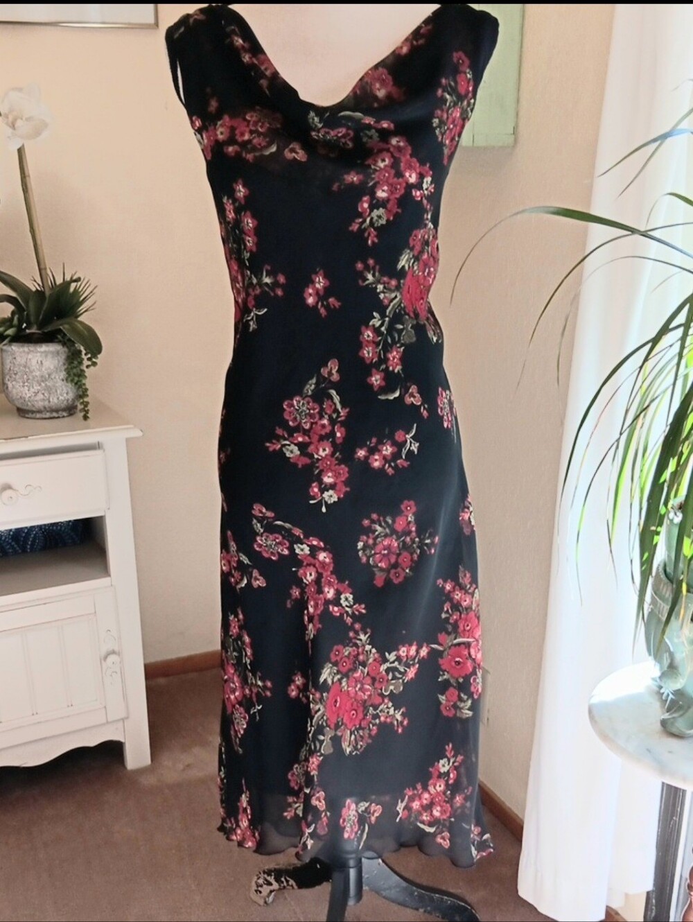 Meghan Matthews Black Floral Slip Dress with Red Blooms.Whimsigoth. Dark Floral